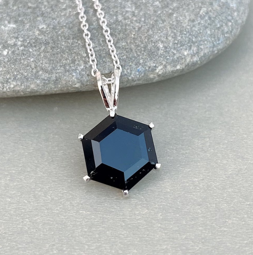 Hexagon Black Onyx Gemstone Necklace 925 Silver Elegant Onyx Jewelry For Unisex