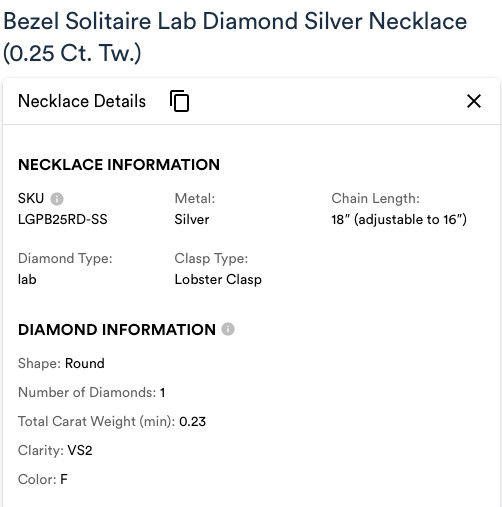 Bezel Solitaire Lab Diamond Silver Necklace 0.25 Ct. Tw. – In Original Box