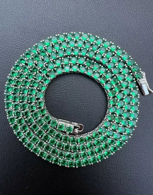 45CT Lab Created Green Emerald 14K White Gold Plated 4mm Womens Tennis Necklace