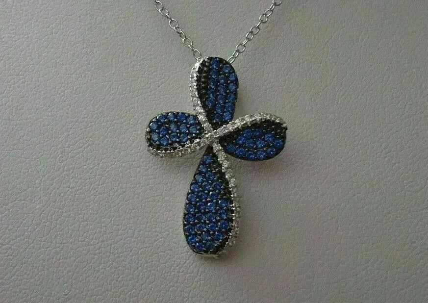 1.50Ct Round Cut Blue Sapphire Cross Pendant 14K White Gold Finish Free Chain