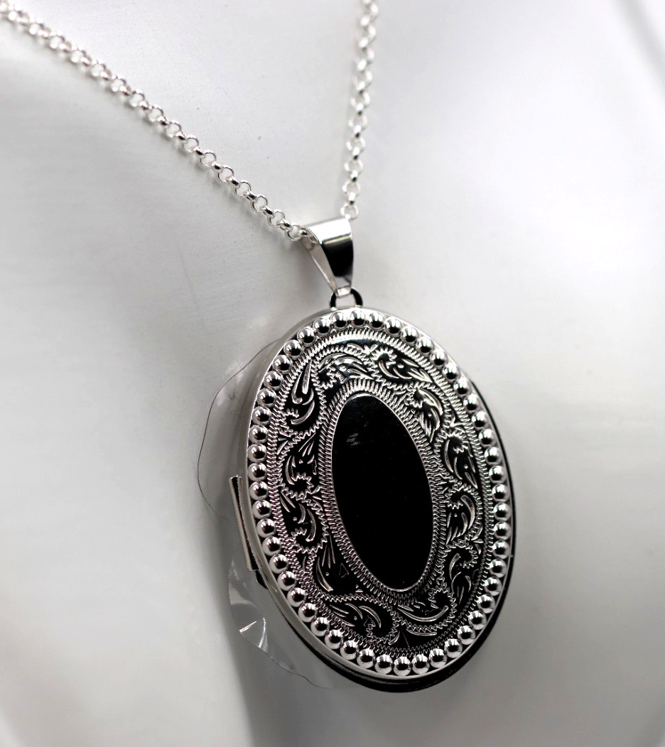 Sterling Silver 925 Large Engraved Border Oval Locket + 70cm Chain -Free Post