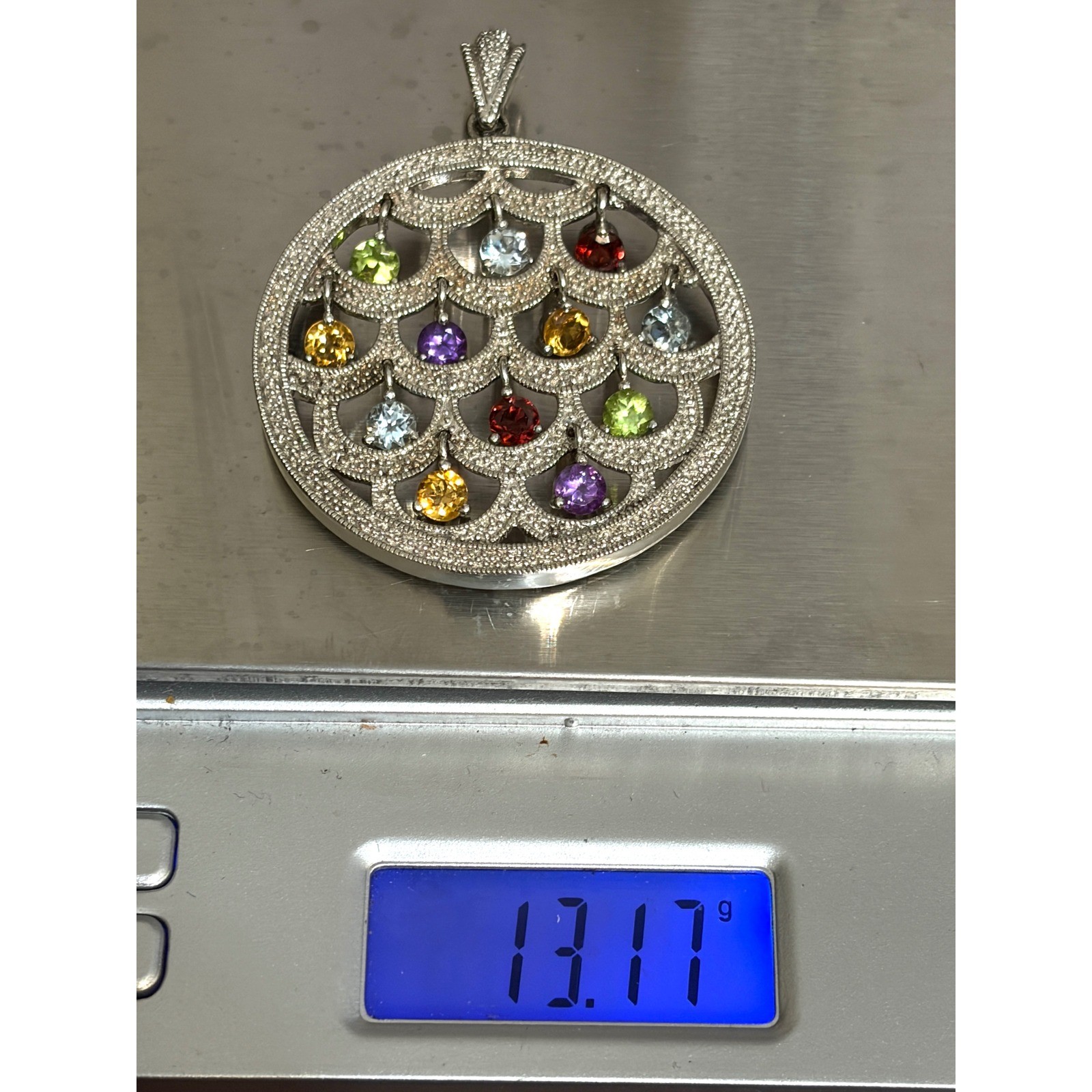 Unbranded 925 Sterling Silver Multi-Gemstone Scalloped Circle Pendant Large