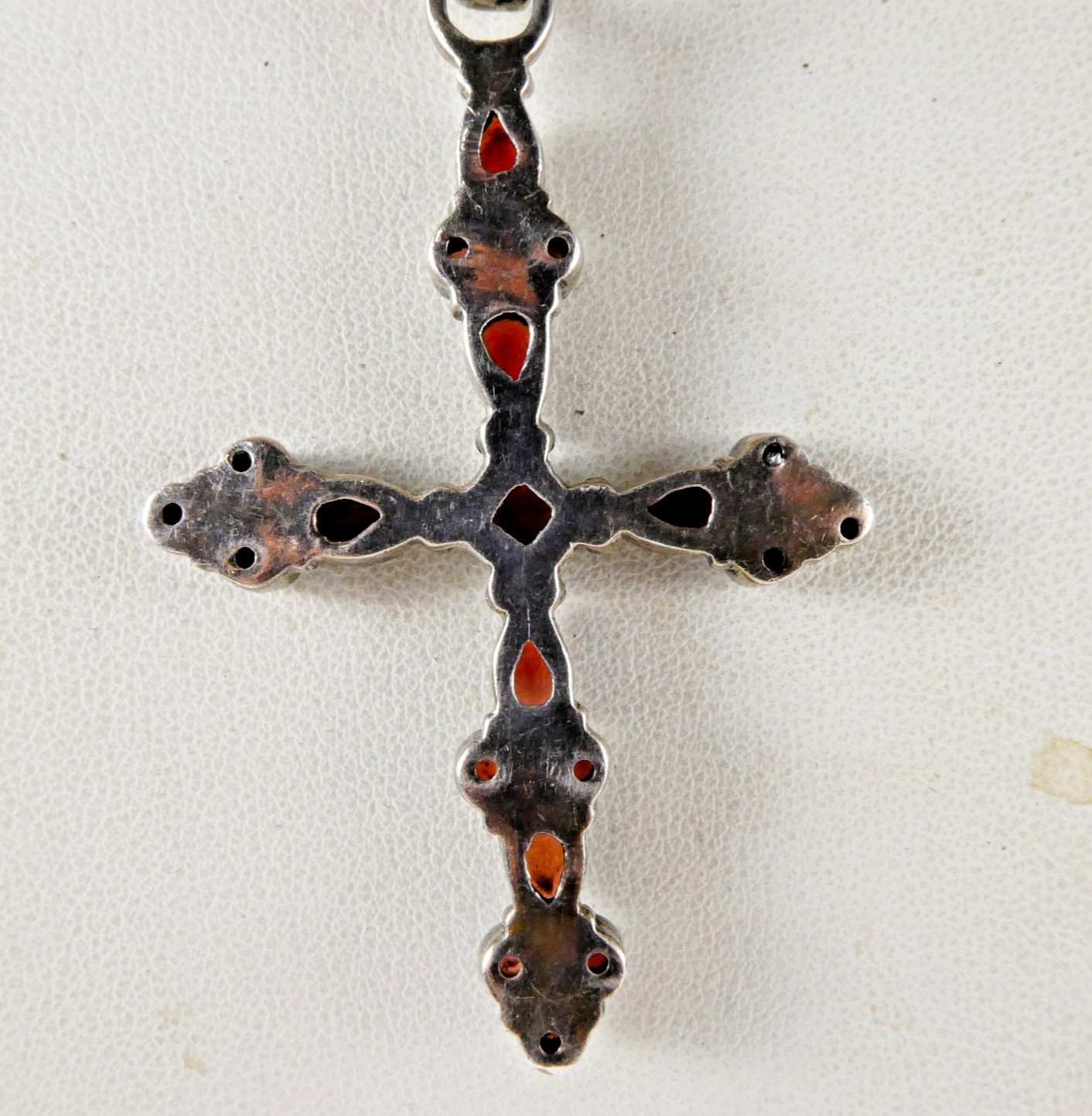 Sterling Silver Garnet Cross Pendant Necklace Red Glass Barrel Beads Crystals