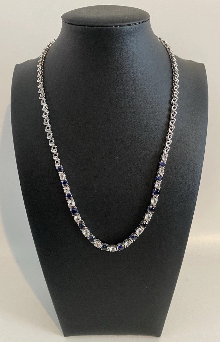 925 Sterling Silver Lab Created Blue & White Sapphire Tennis Necklace Signed EMA