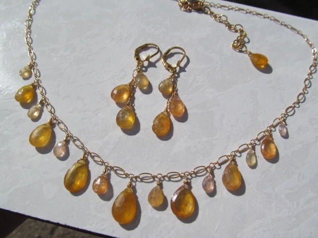 Sri Lanka Golden SAPPHIRE faceted briolette beads 14k Gold Filled Necklace set