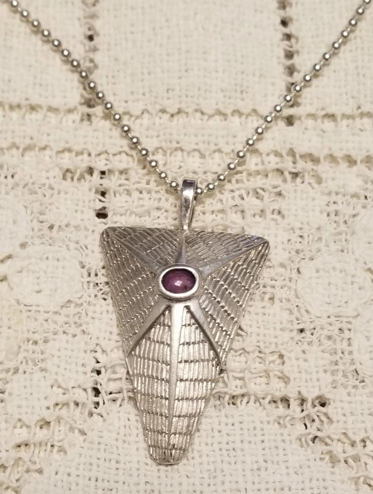 WES WILLIE Signed Pendant,.925 Silver Chain Hammered Pyramid All Seeing Red Ruby