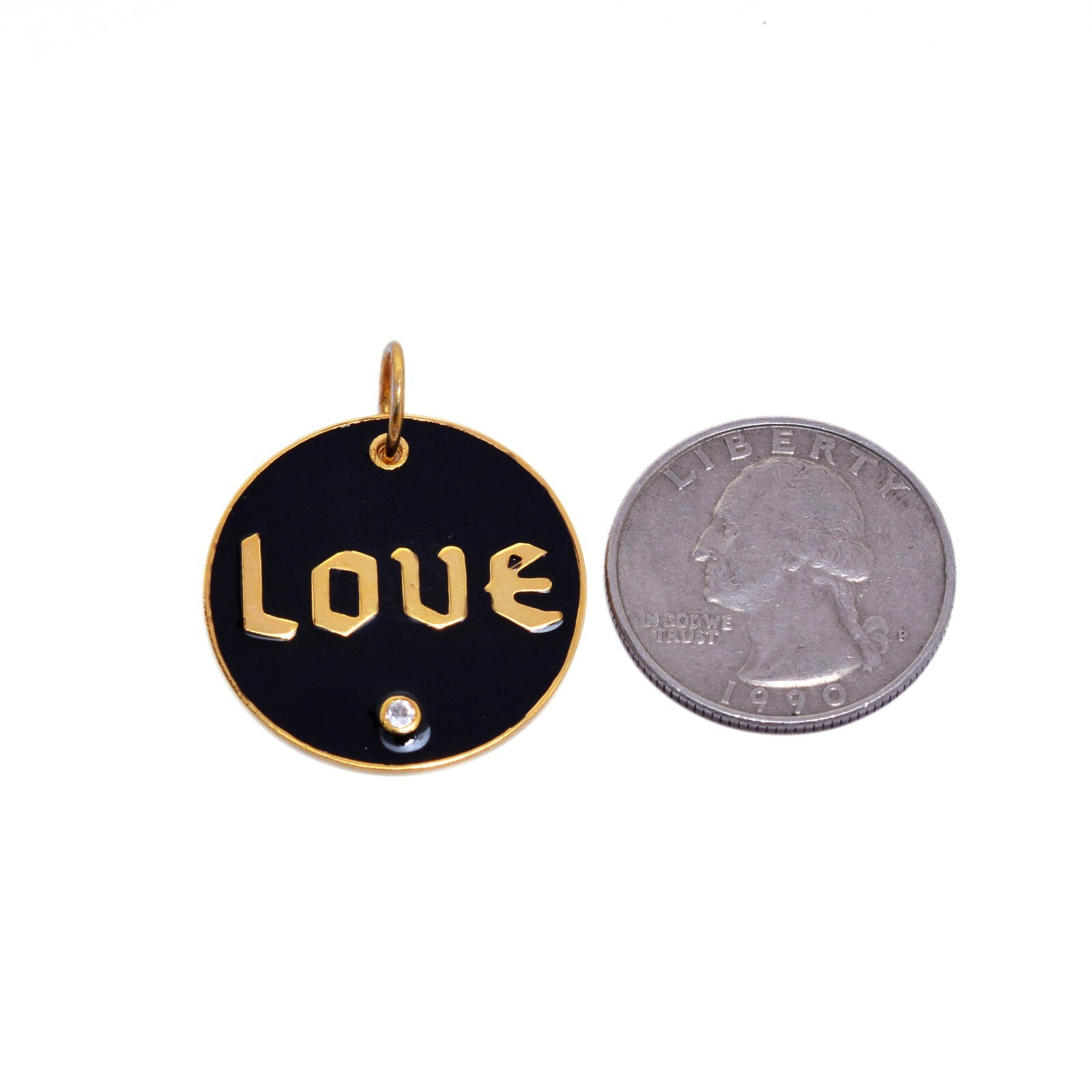 White topaz Sterling Silver Love Pendant,Love Charm,Topaz Black Enamel Charm