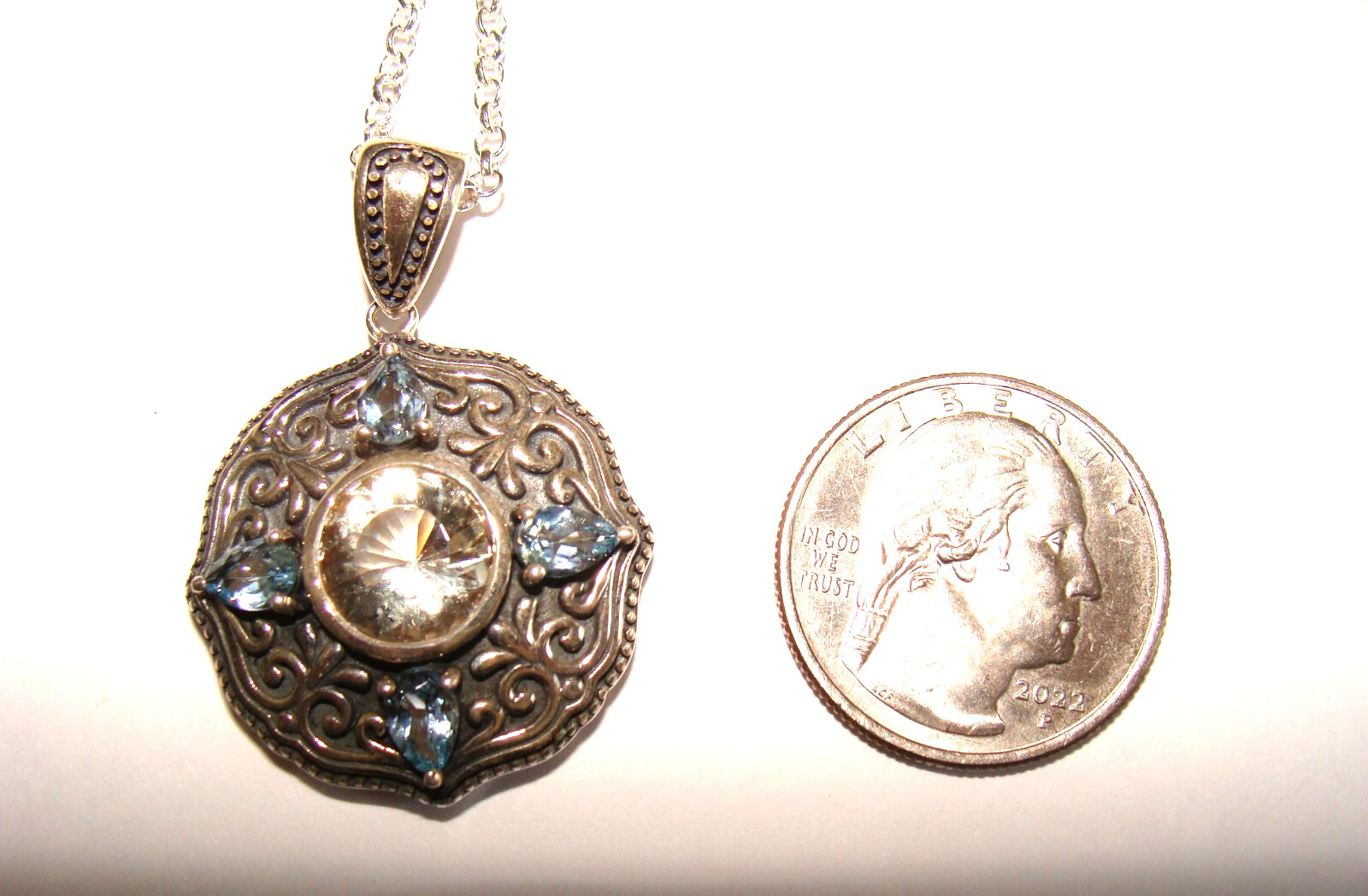 HT Sterling Silver Citrine Blue Topaz Round Shield Ethnic Pendant & 18″ Necklace