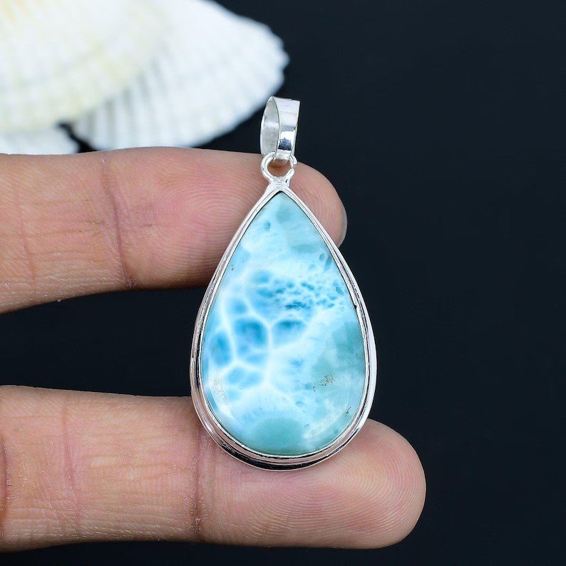 Natural Larimar Pear Gemstone Pendant 925 Sterling Silver Handmade Jewelry