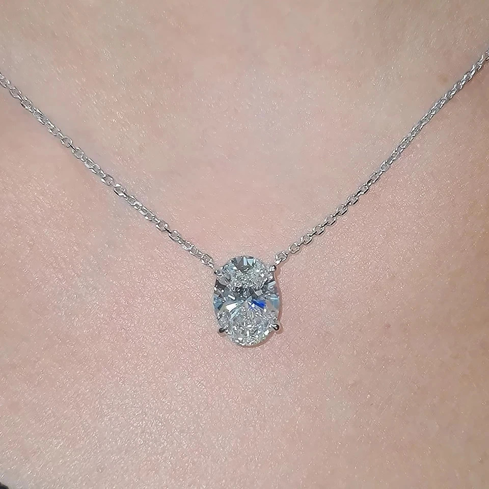3Ct Oval-Cut VVS1 Moissanite Solitaire Pendant Necklace 14K White Gold Plated