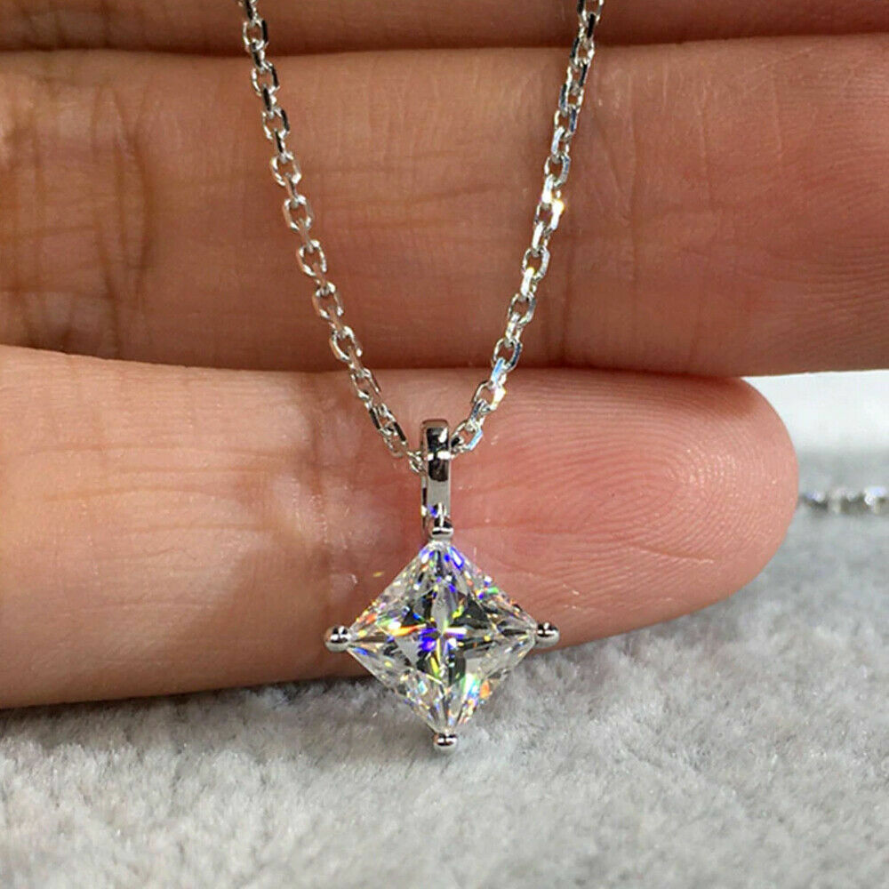 3.00Ct Princess Cut Moissanite 4 Prong Solitaire Necklace 10K Solid White Gold