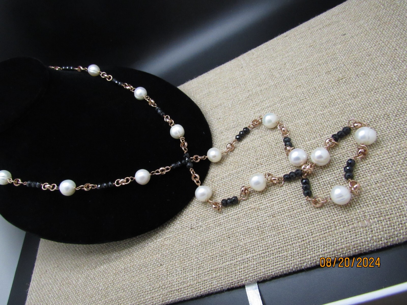 HONORA WHITE PEARL & BLACK BEAD NECKLACE BRONZE MILOR ITALY NEW IN BOX