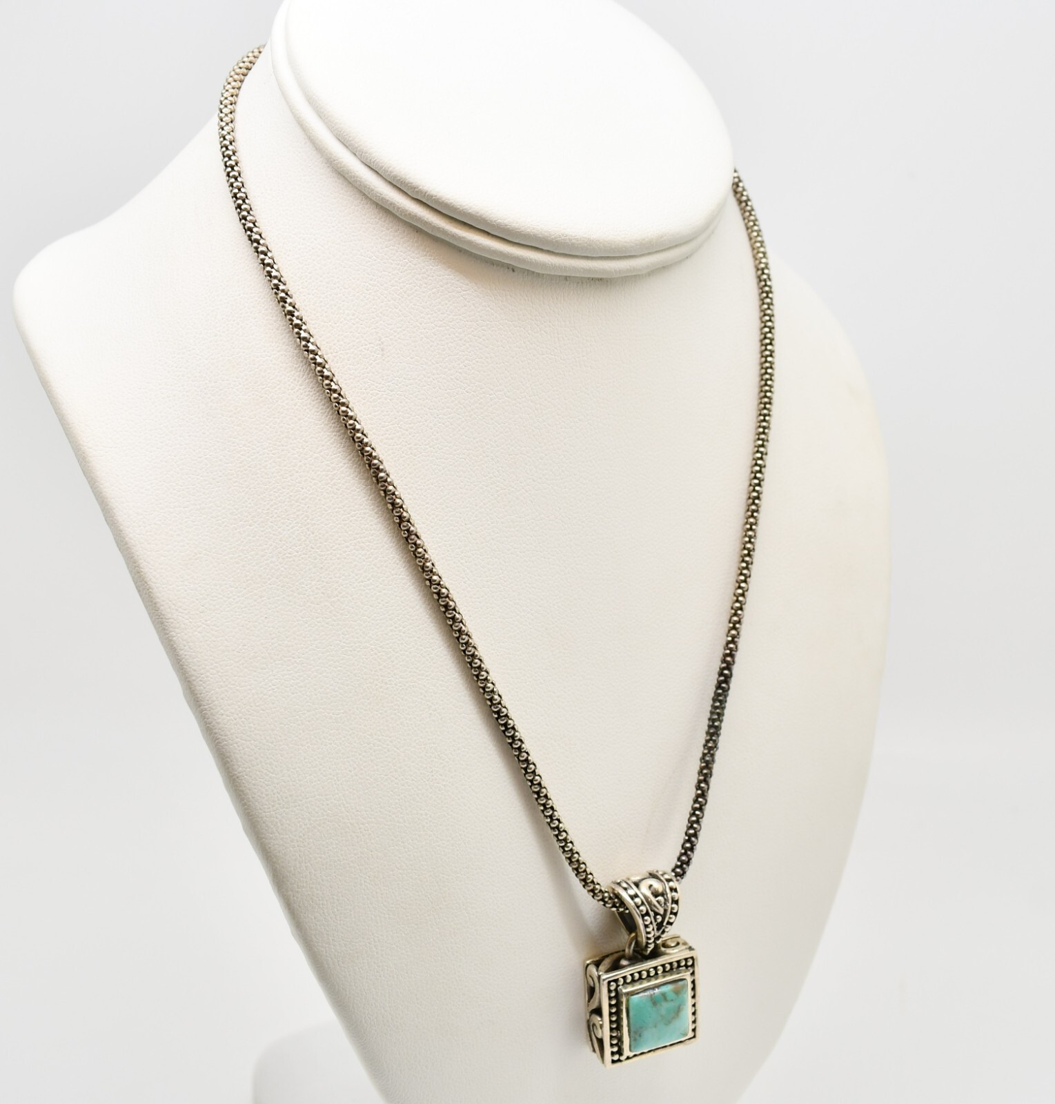 Sterling Silver Popcorn Chain Link Necklace w Turquoise Pendant 16.75″ #FMX690