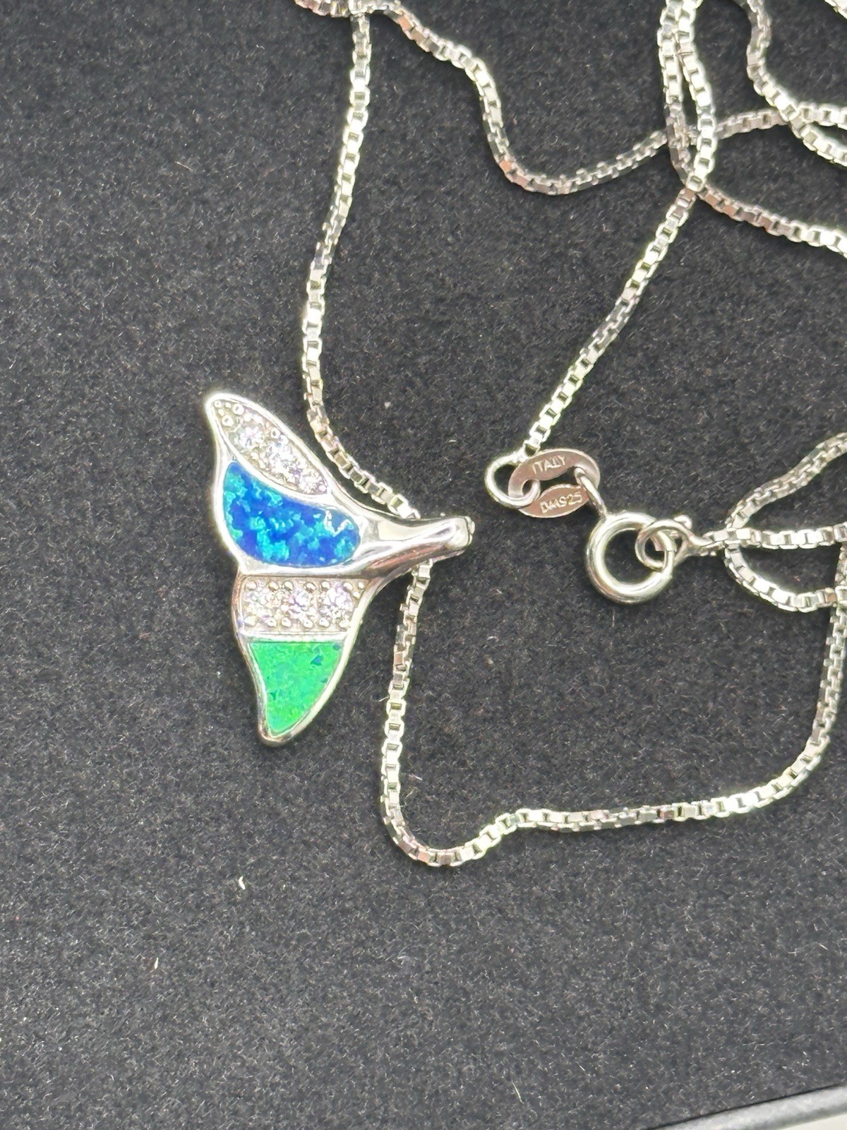 925 Sterling Silver Whale Tail Moissanite & Opal Pendant 18” Italian Box Chain