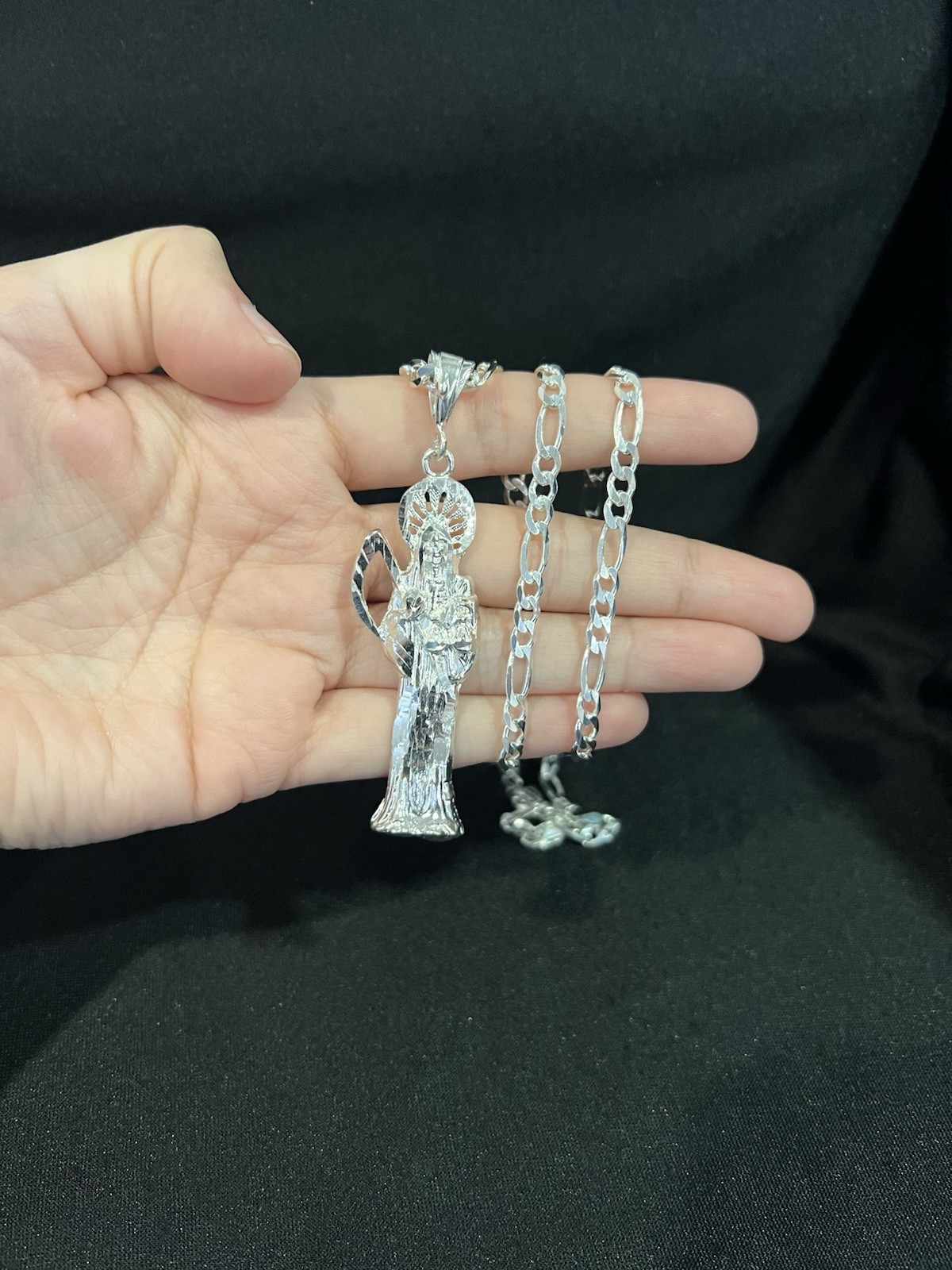 925 Sterling Silver Men Women Big Santa Muerte Grim Reaper Figaro Chain 20 24 30