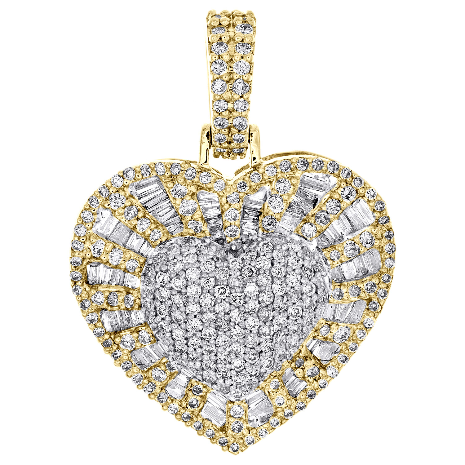 10K Yellow Gold Round & Baguette Diamond Love Heart Pendant 1″ Charm 1.25 CT.