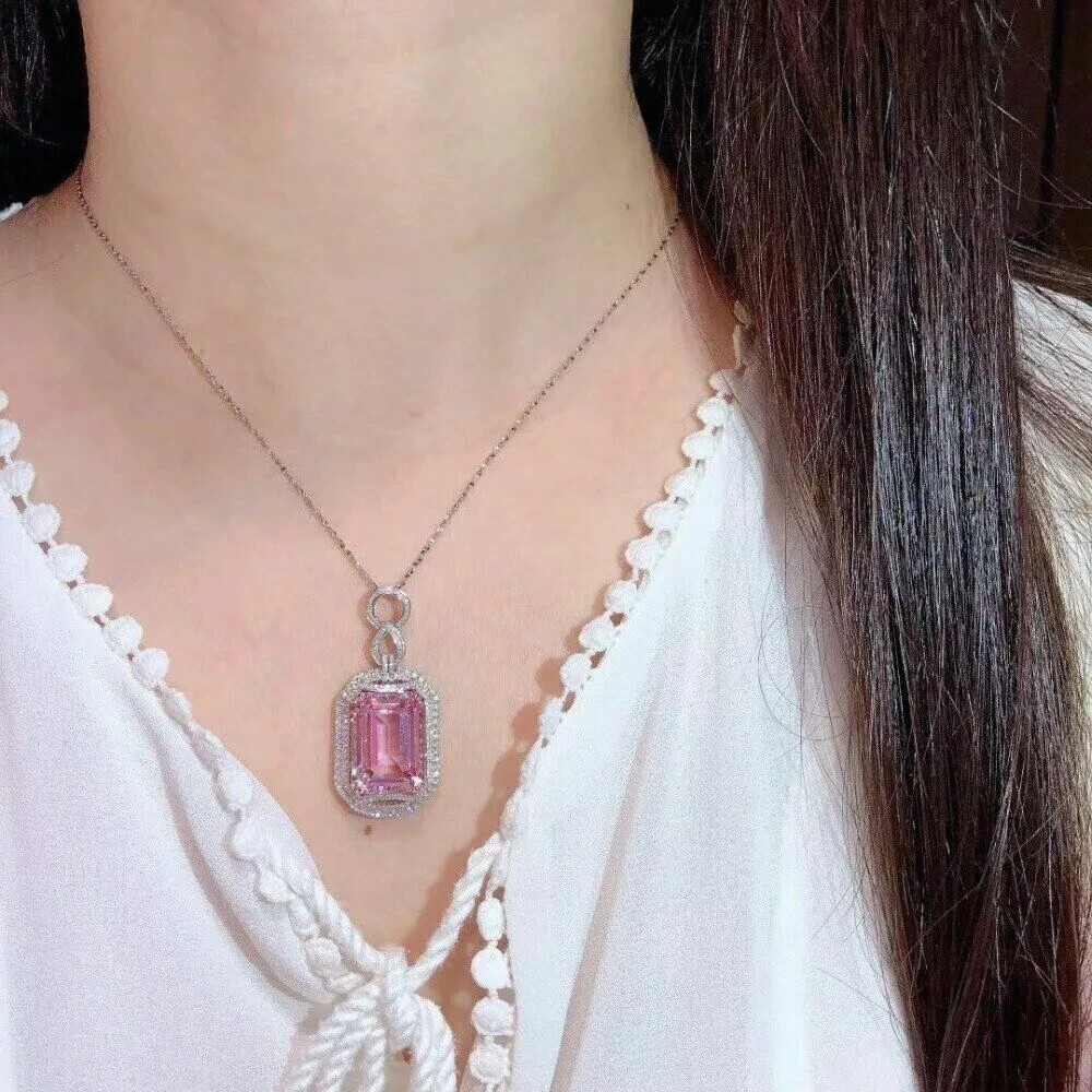 5Ct Emerald Pink Sapphire Cocktail Halo Pendant 14K White Gold Finish Free Chain
