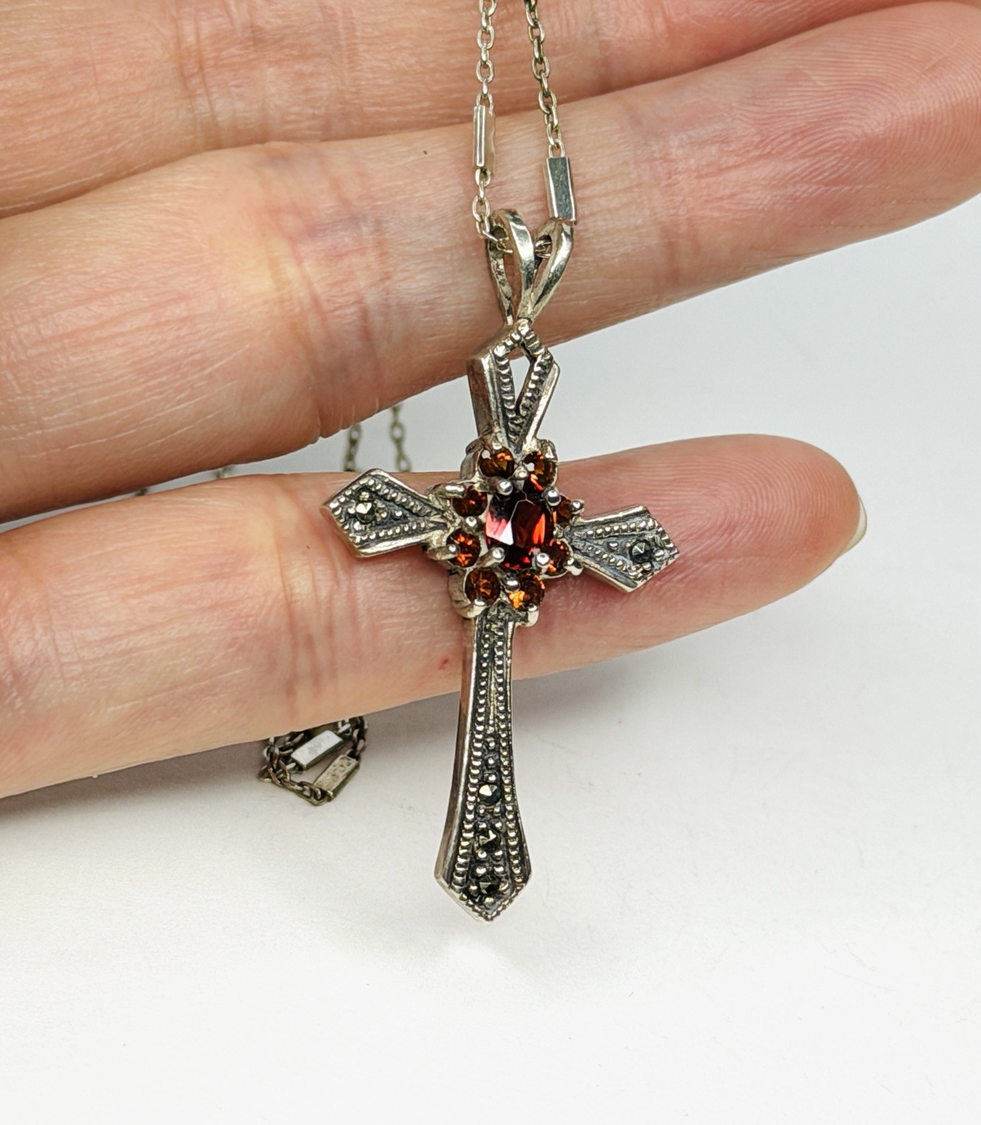 925 Sterling Silver Garnet Marcasite Cross Pendant Unique Italy 925 Necklace 24”