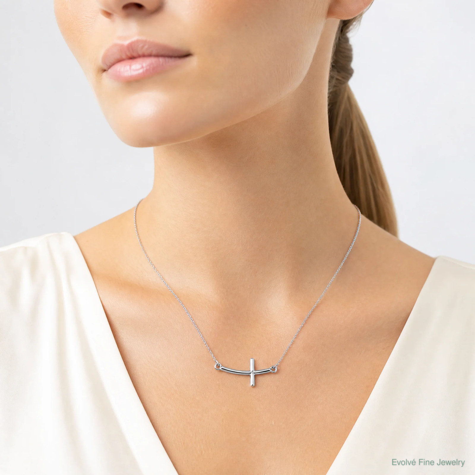 Sterling Silver Rhodium-Plated Small Sideways Curved Cross Necklace