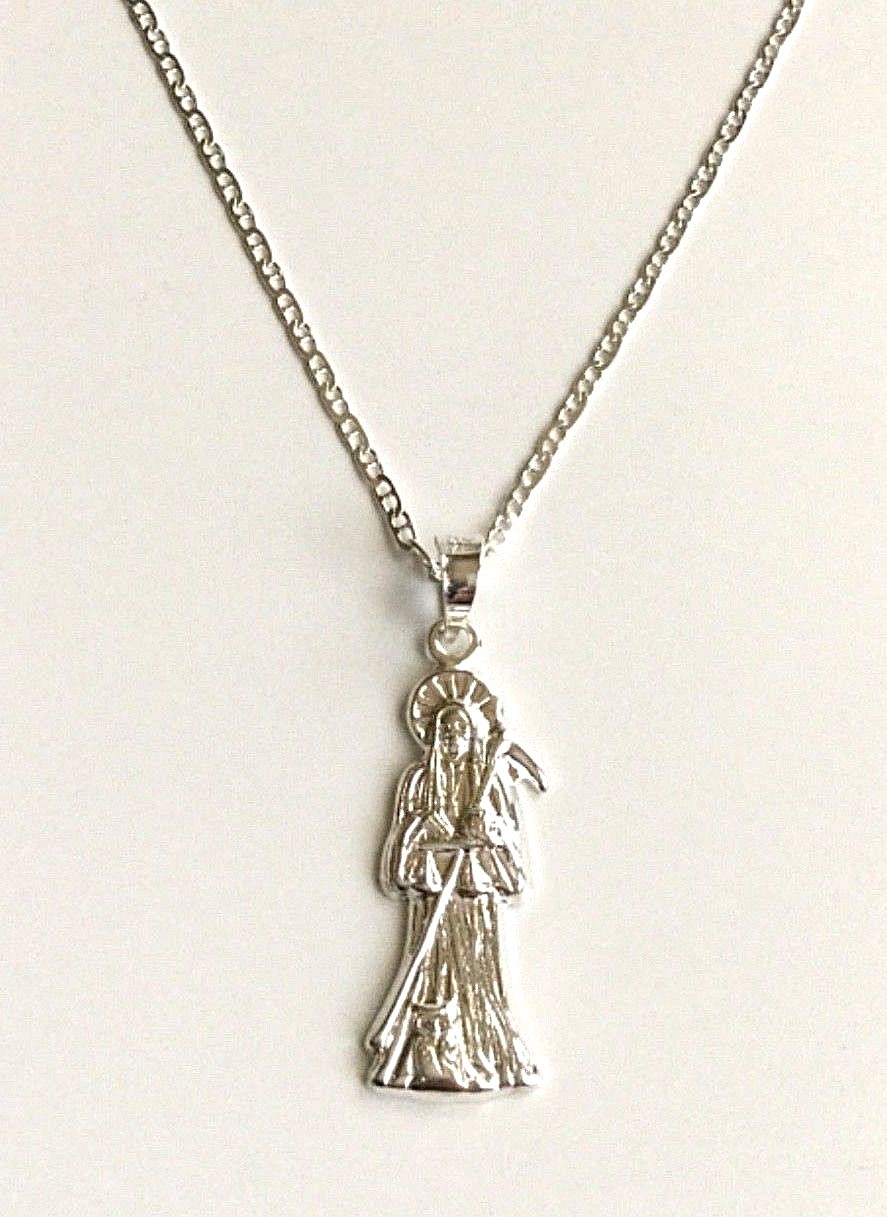 925 PLATA CADENA DE LA SANTA MUERTE 22″ LARGO/ GRIM REAPER NECKLACE 22” -32x10mm