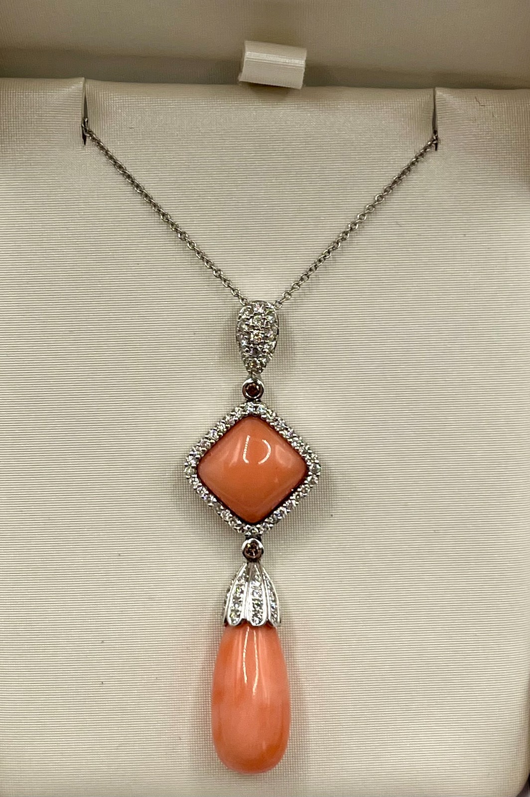 Pink Coral 18K White Gold Pendant and Necklace with Diamonds, 15″ Length