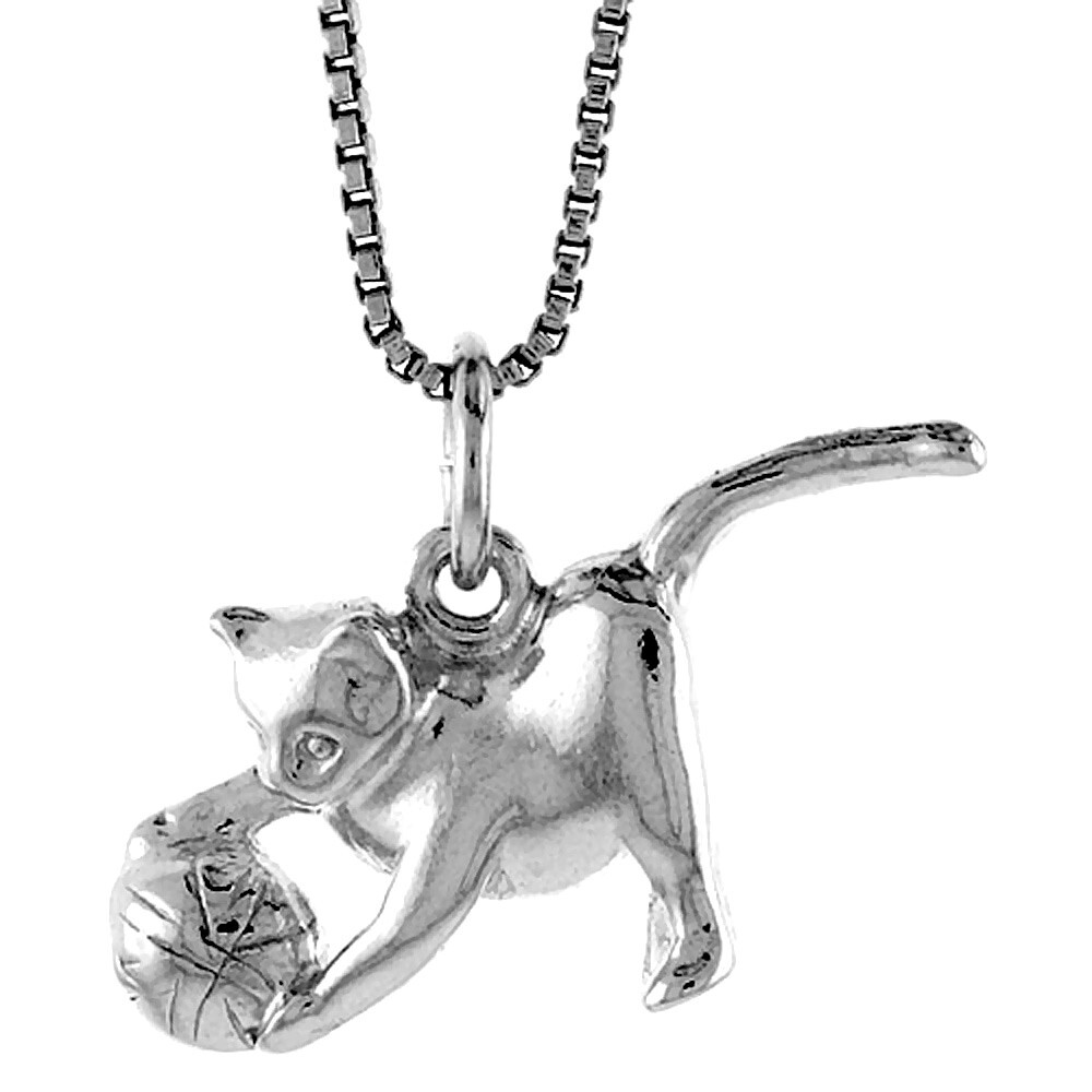925 Sterling Silver Plain Playful Kitten and Yarn Pendant 1/2 (13mm) Inch Tall