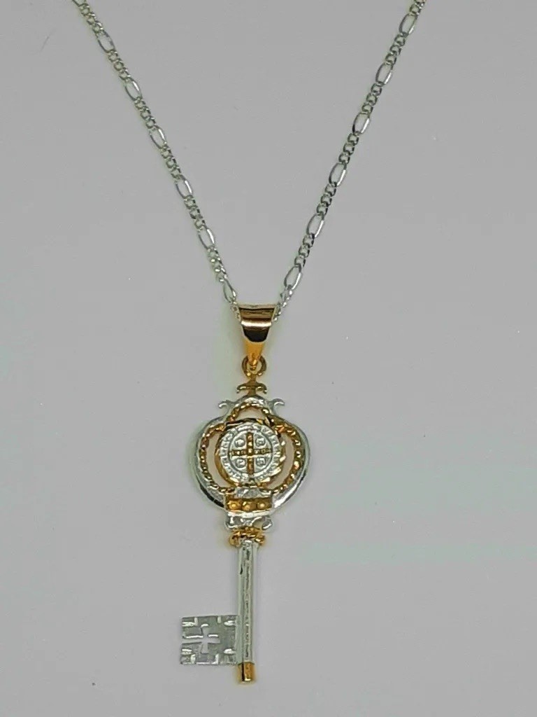 24k Gold Plated 925 Sterling Silver San Benito Saint Benedict Key Pendant Mexico