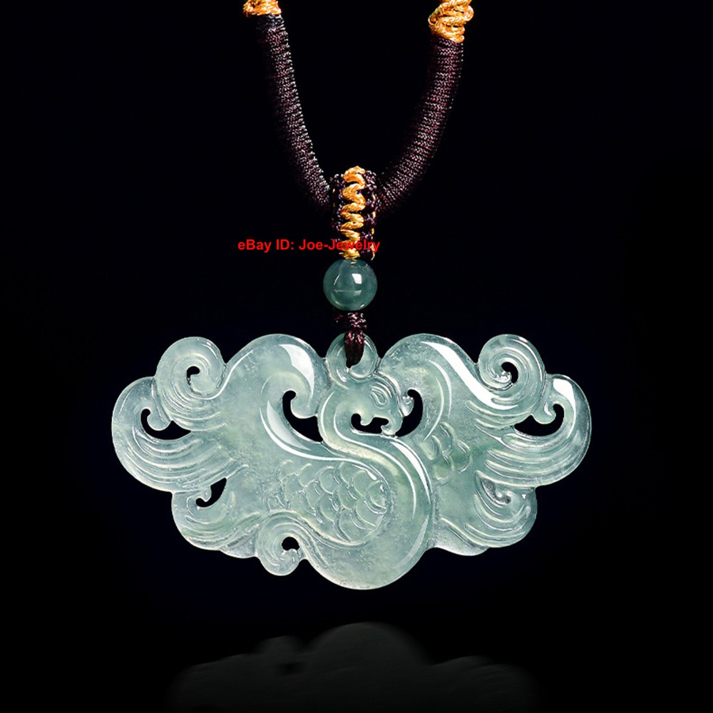 NEW Natural Grade A Jadeite ICY Blue Jade Pendant Phoenix Pendant Cord Necklace