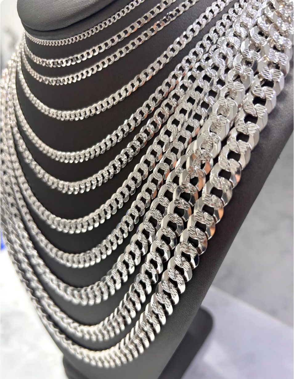 Real 925 Sterling Silver Mens Diamond Cut Curb Cuban Chain Bracelet or Necklace