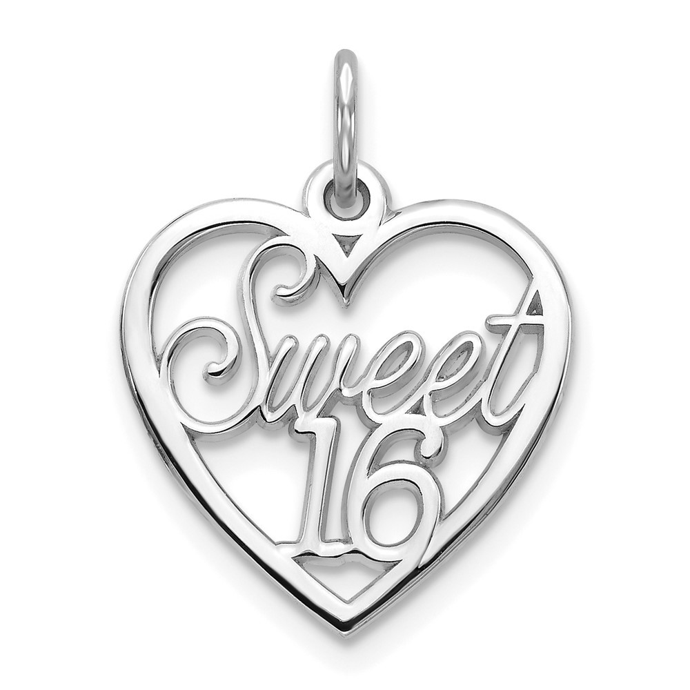10K White Gold SWEET 16 In Heart Shape Charm Pendant L-20mm, W-16mm
