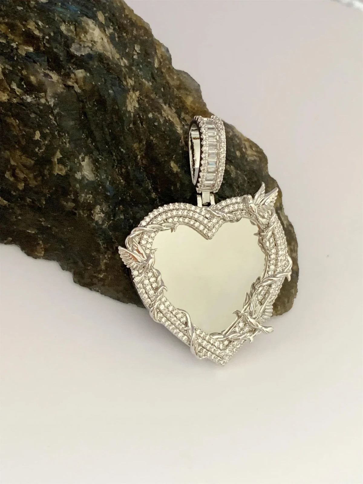 4ct Lab Created Diamond Custom Heart Memorial Photo Pendant 14k Gold Plated 2″