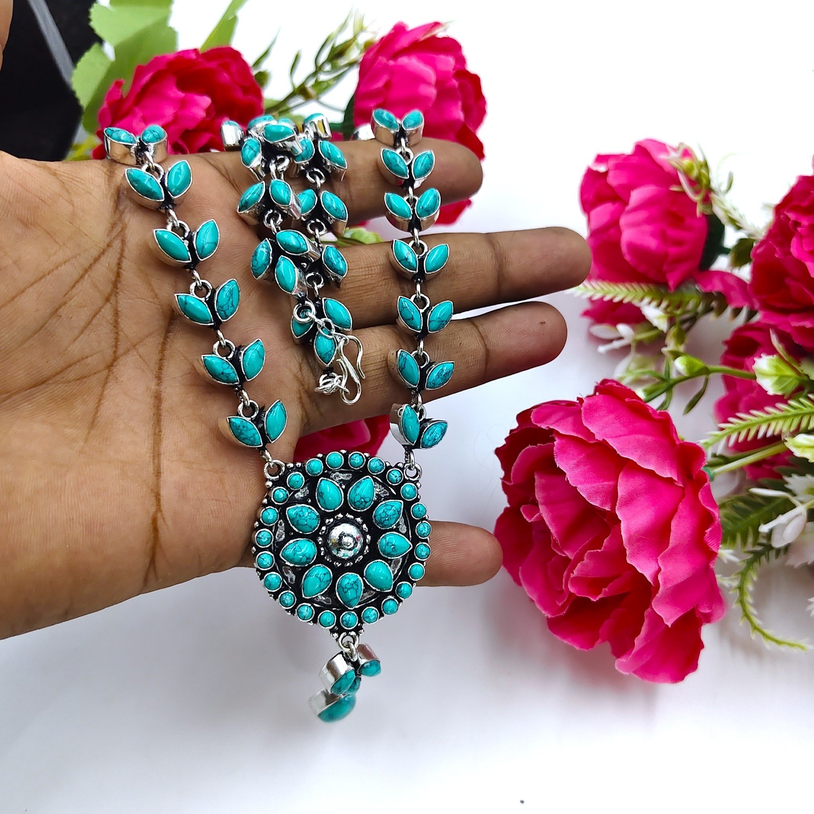 Turquoise Handmade Gemstone 925 Sterling Silver Jewelry Necklace Size-17-18″
