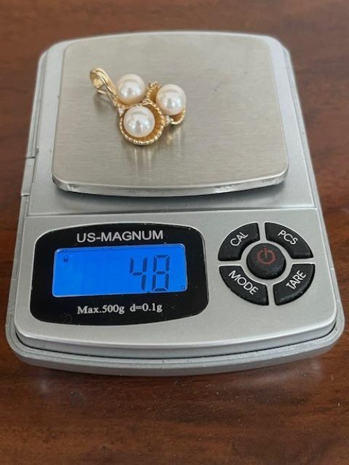 Estate 14k Chinese Three Pearl and Three Diamond Accent Enhancer Pendant 4.8