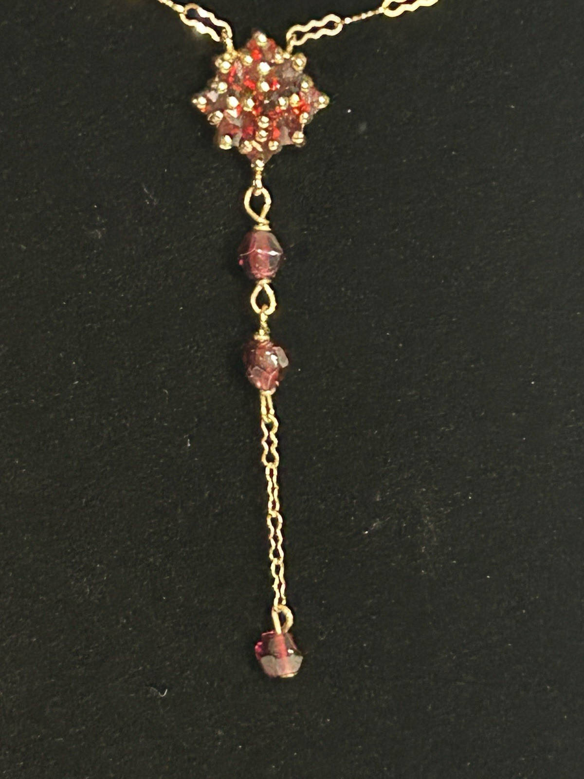 Vintage 10K, Gold Bohemian Garnet Lavalier Y-Necklace Matching Cluster Charm