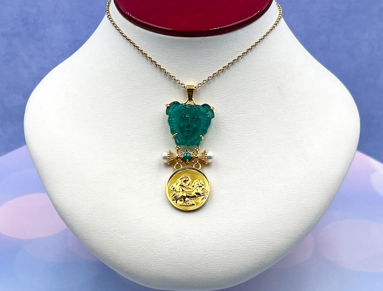 TAGLIAMONTE (2179P) 925SS/YGP Venetian Cameo Pendant *Malachite, Pearls*Reg.$200