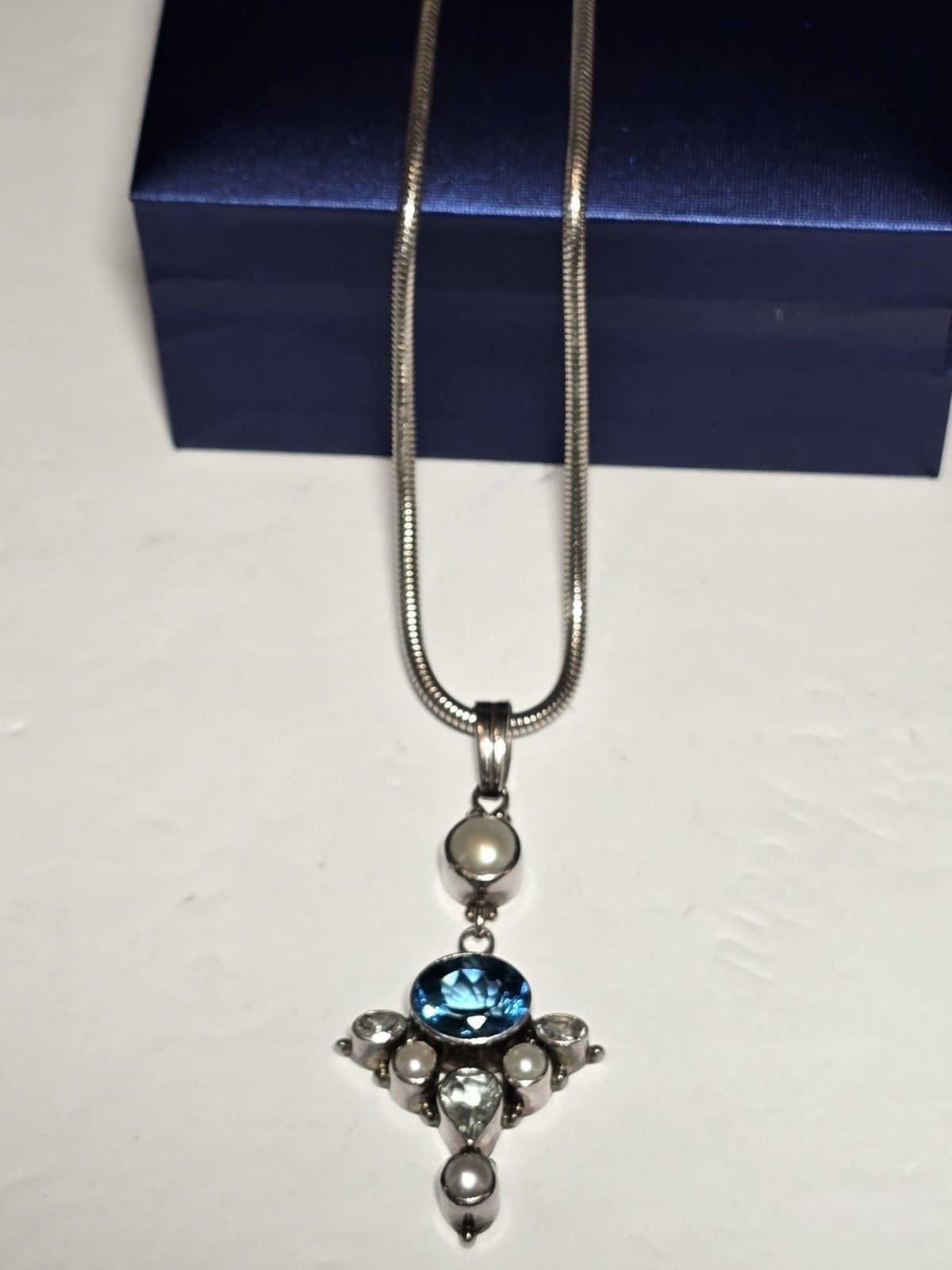 925 Sterling Silver Snake Chain Blue Stone Pearl Pendant 16″ Long