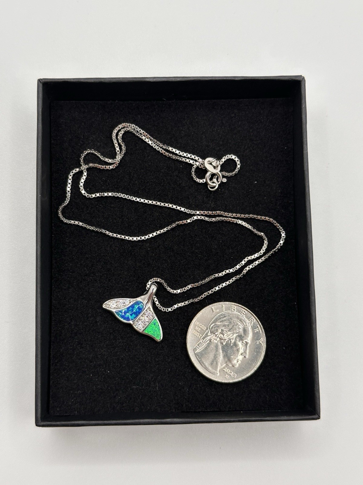 925 Sterling Silver Whale Tail Moissanite & Opal Pendant 18” Italian Box Chain