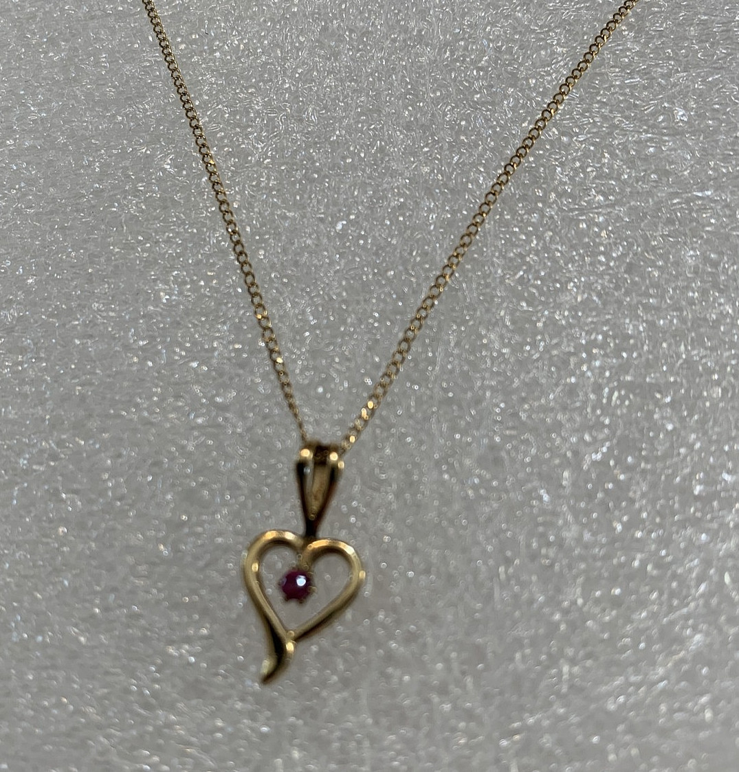Vtg 14K GF Heart with Ruby 18″ Chain in Original Jewelers Box 1970s