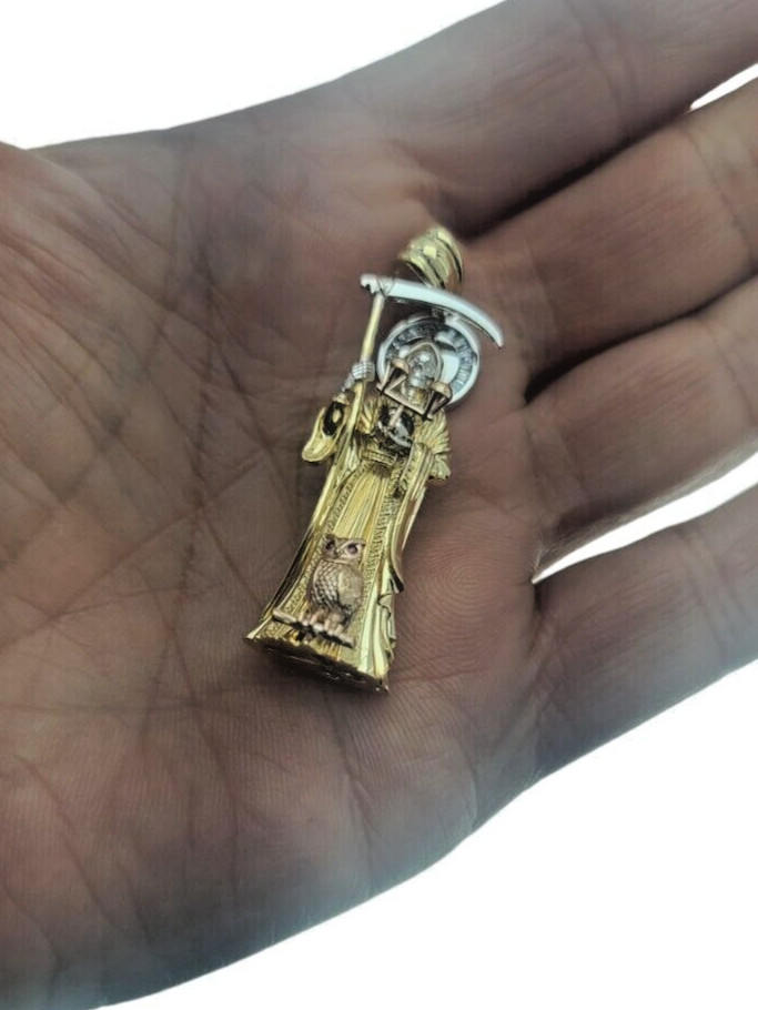 Santa Muerte Holy Death Grim Reaper Charm New 3D 2 In Long Pendant Real 14k Gold