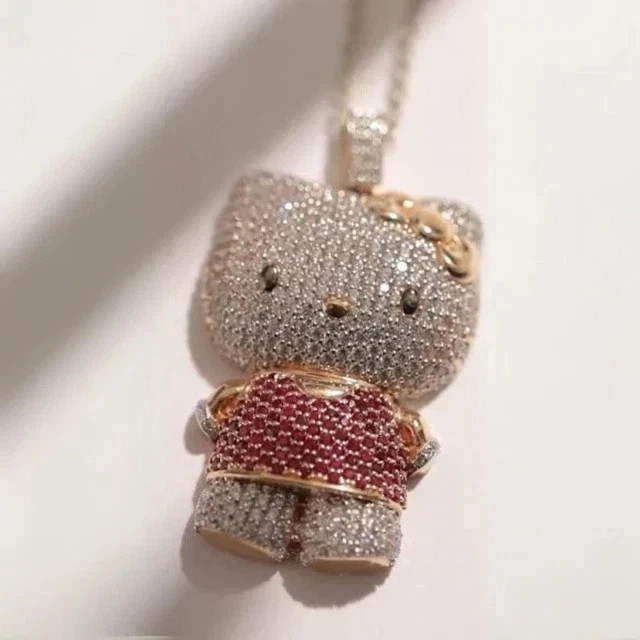 Real Moissanite 2.70Ct Round Cut Hello Kitty Pendant 14K Yellow Gold Plated