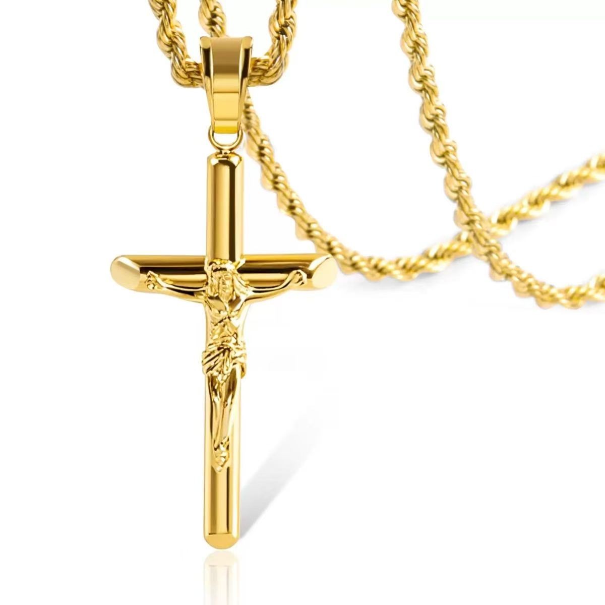 Cut D/VVS1 cross pendant necklace, 14K gold finish. White and gold.