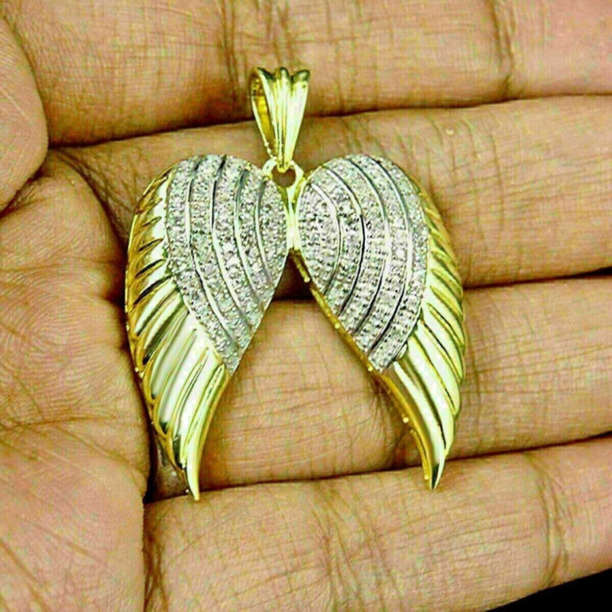 2.70Ct Round Lab-Created Diamond Double Wings Pendant 14K Yellow Gold Finish
