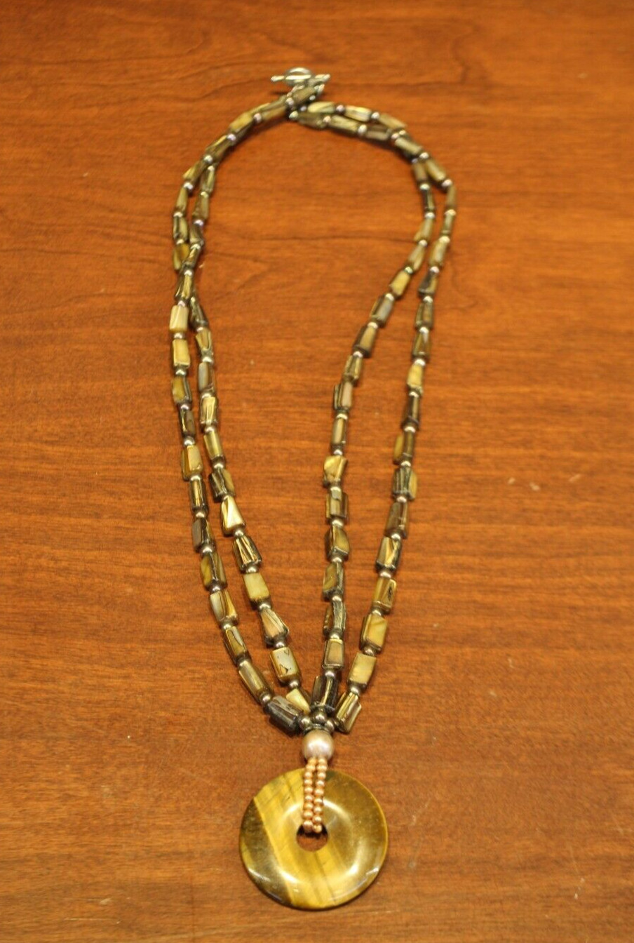 Lucas Lameth SS Abalone/Pearl/Tigers Eye 2 Strand Pendant Necklace 23.5 (124PID)