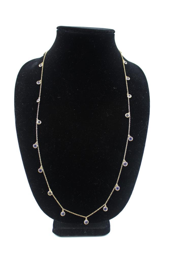 Sterling Silver Vermeil Bezel Set Amethyst Gemstone Station Necklace 30″ Long