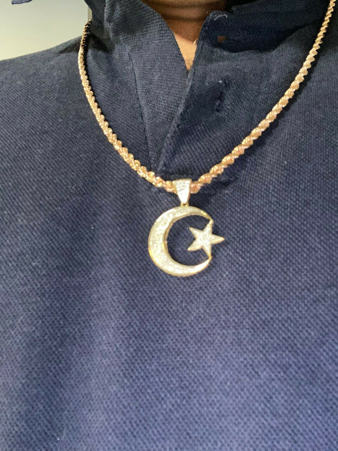 SOLID Real 10K yellow gold Moon & Star Pendant Allah Islam Charm Jewelry Islamic