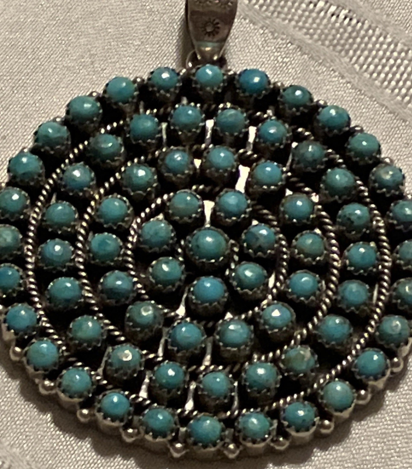 Kingman Turquoise Navajo Made Round Cluster Pendant 2.25″ 44g Sterling 925