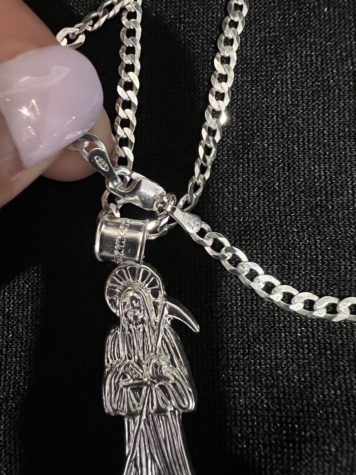 .925 Sterling Silver Womens Small Santa Muerte Grim Reaper & Curb Chain 20 24 30