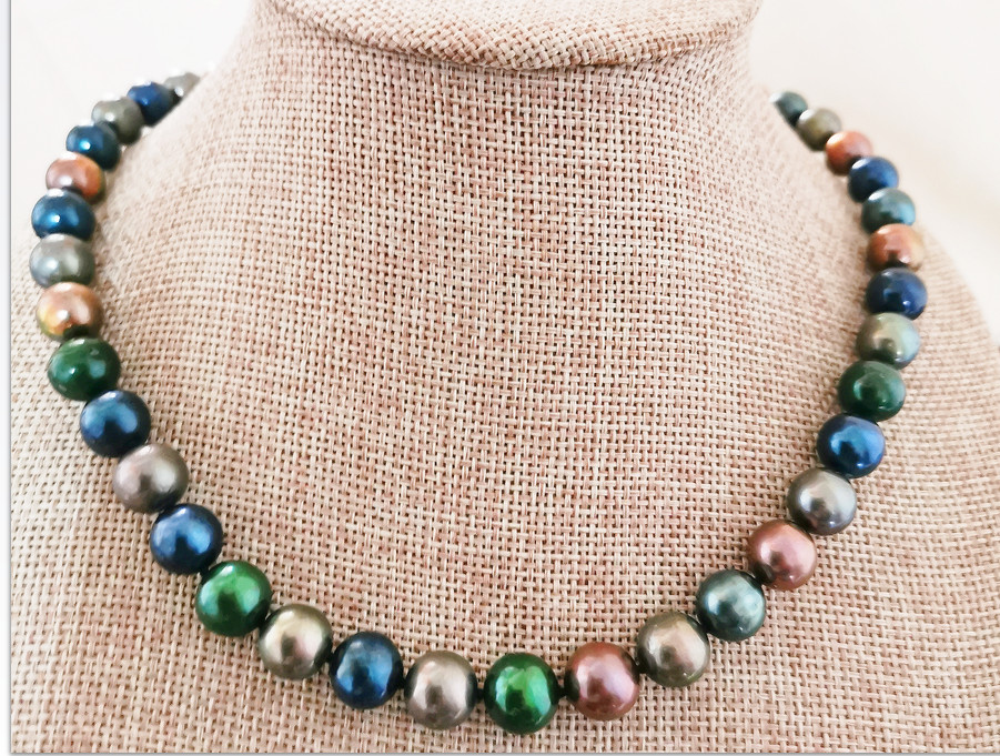 17″10-12mm south sea Tahitian genuine black peacock green multic pearl necklace
