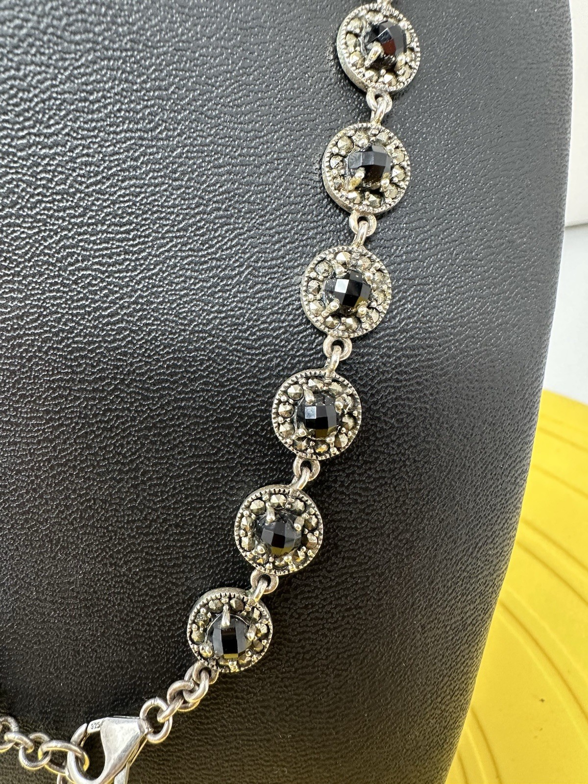 Sterling Silver Onyx & Marcasite Y-Drop Choker Necklace Modern Elegant 47g 17”+
