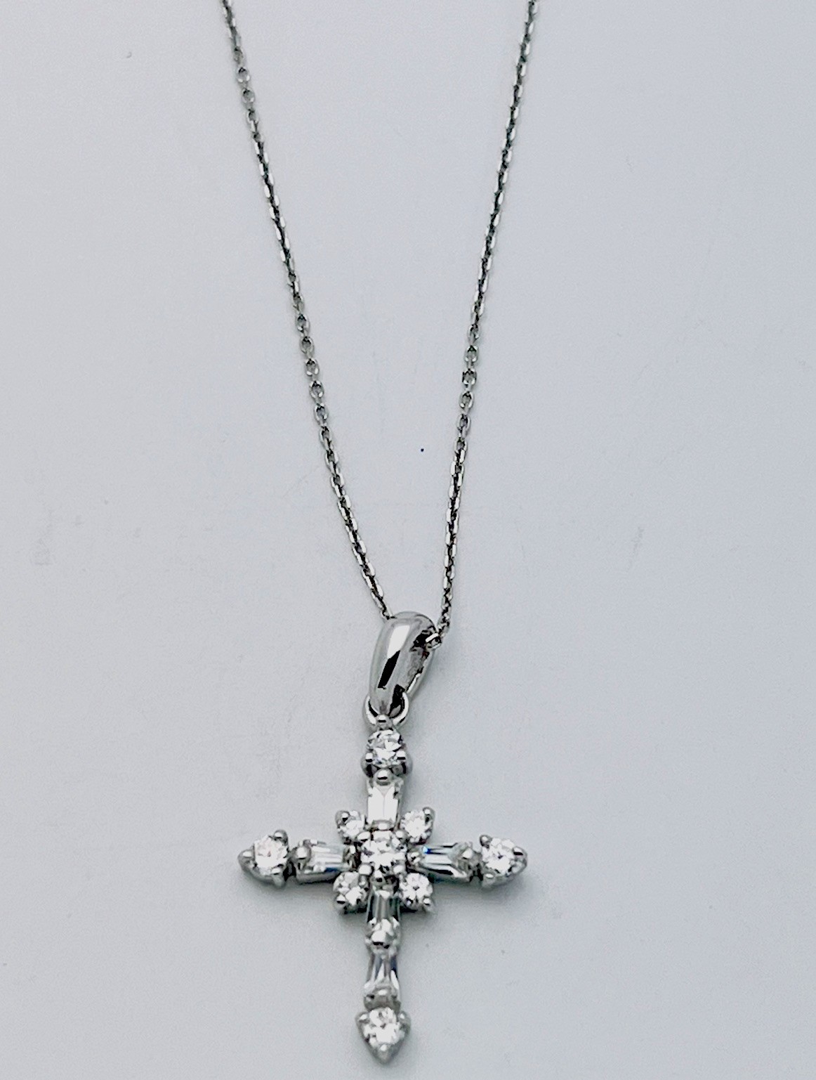 925 Sterling Silver 9 Round 5 Baguette Prong Set CZ Cross Necklace 18”